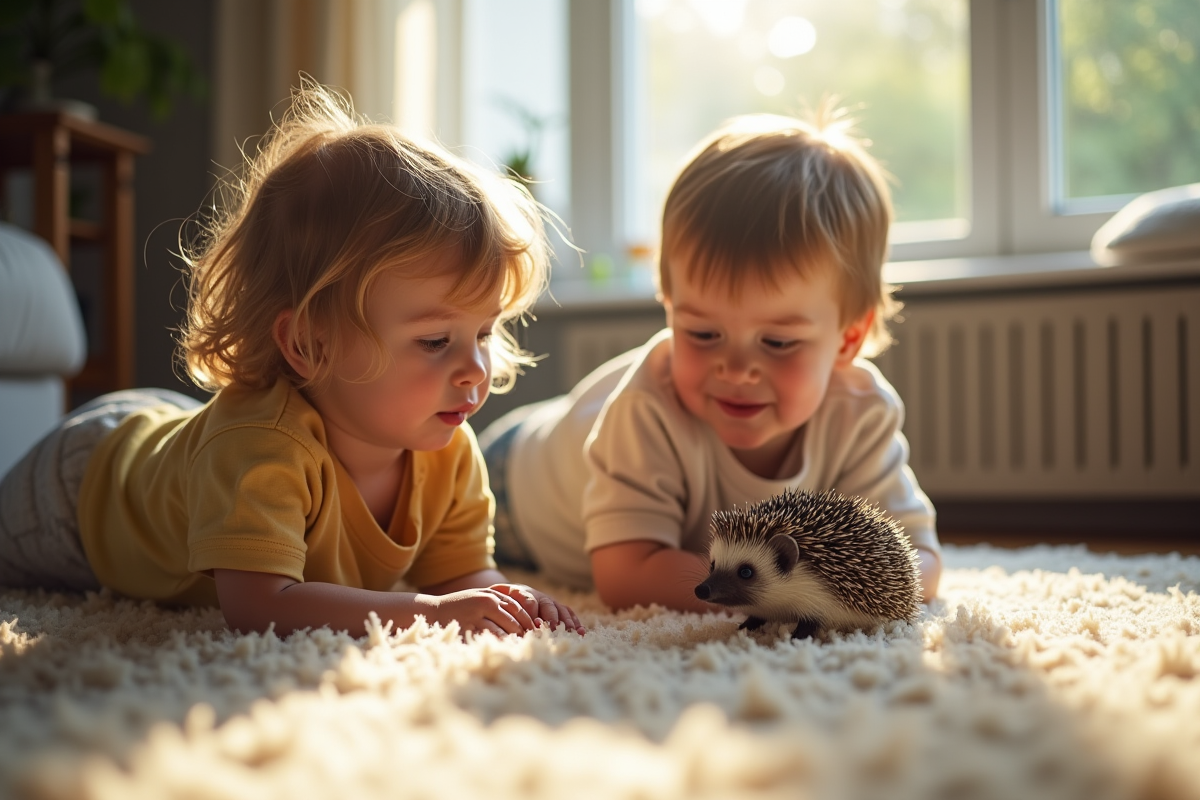 Deux enfants regardant un hérisson dans un salon cosy