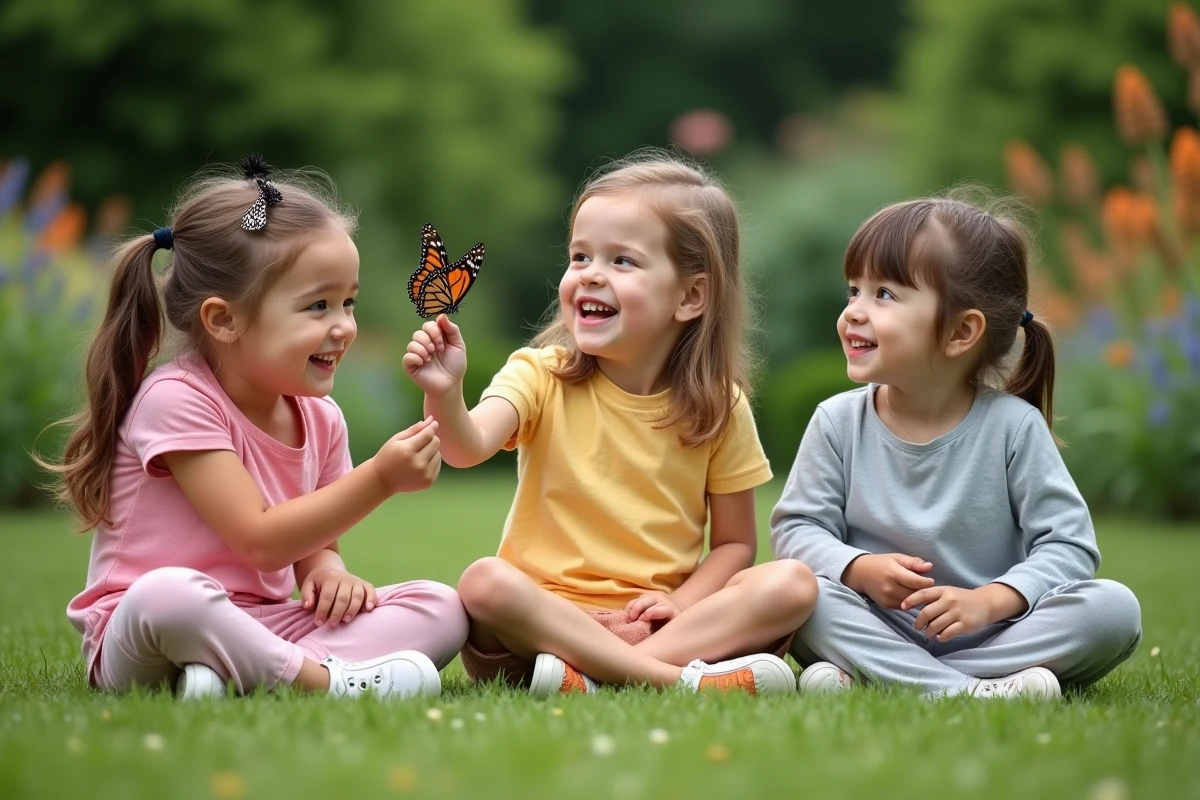 Groupe d'enfants émerveillés par un papillon dans un jardin botanique en Île-de-France