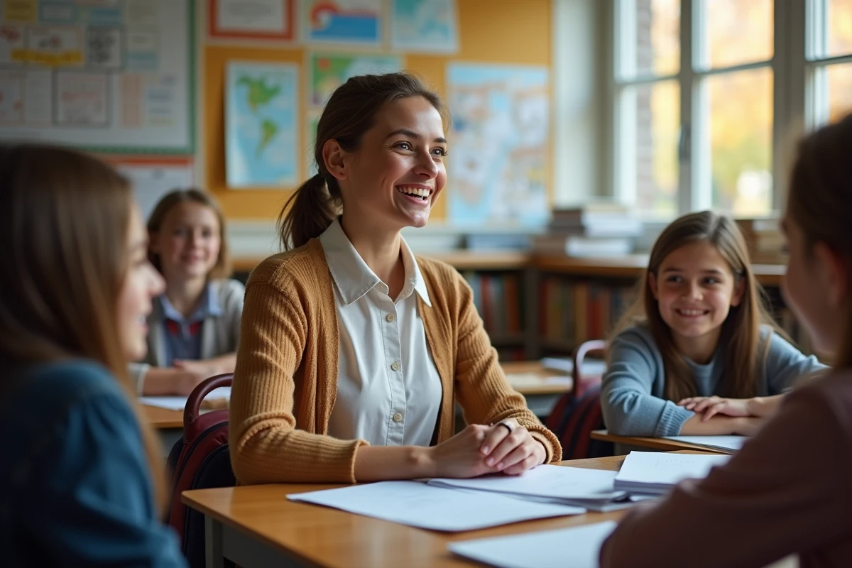 Professeur souriant avec élèves en classe