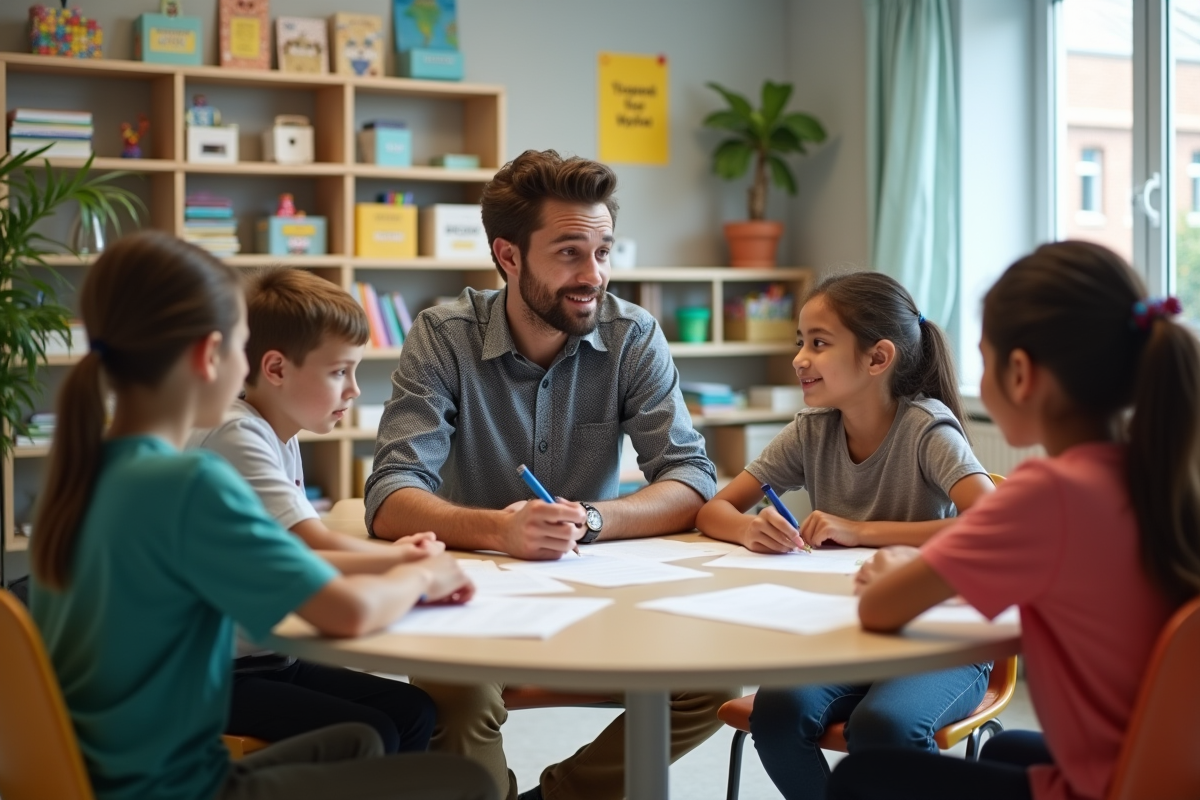 Enseignant aidant des élèves lors d