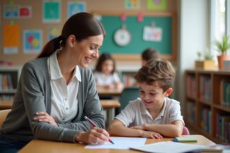 Professeure soutenant un élève fier dans une classe colorée