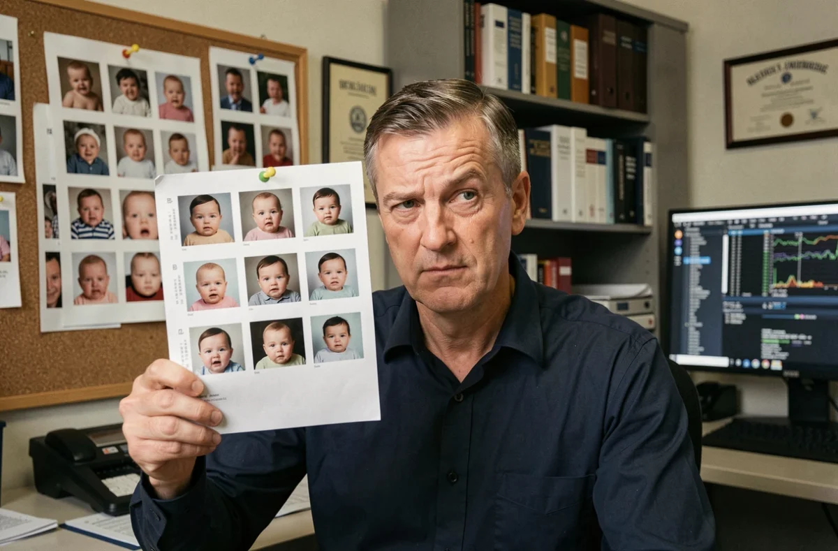Un expert en analyse d'images numériques examine des tirages photo de bébé dans son bureau de recherche pour vérifier leur authenticité