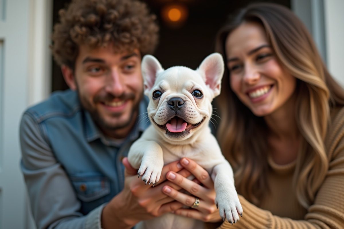 Famille accueillant un chiot french bulldog à la porte