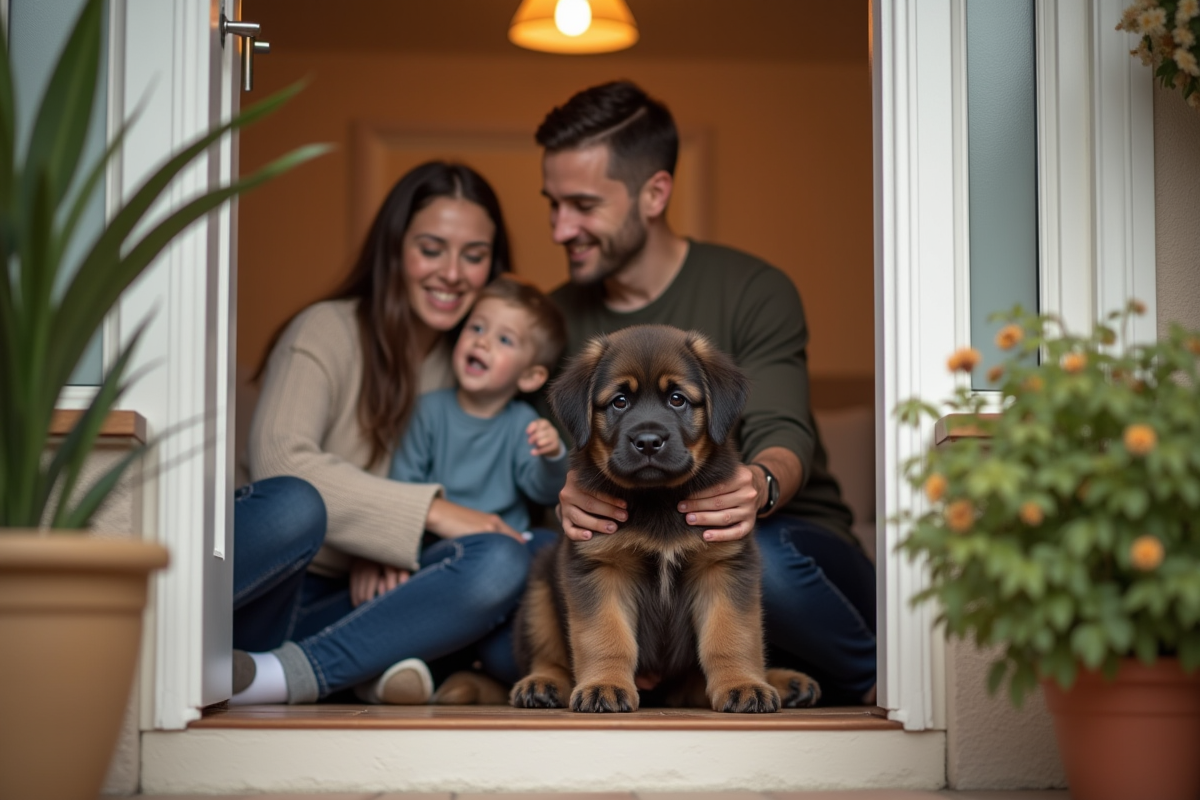 Famille accueillant un chiot Newfoundland à la porte