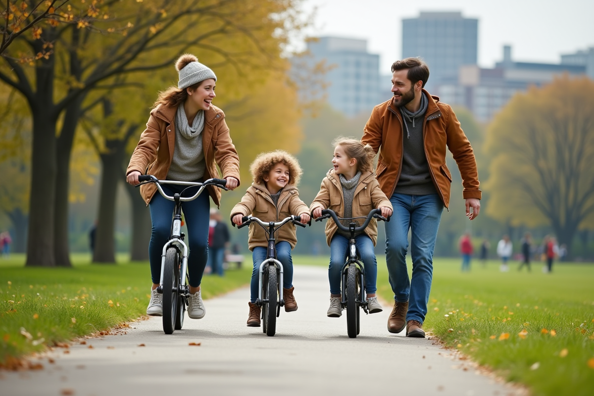 Famille active jouant avec des vélos dans un parc urbain