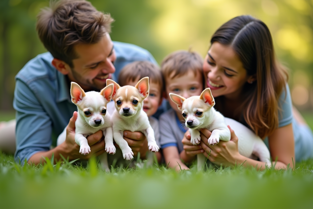 Famille avec chiots chihuahua dans un parc en plein air