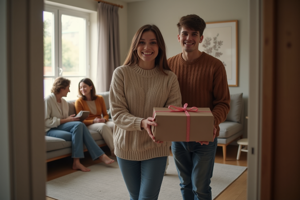 Jeune femme et frère apportent un cadeau dans le salon