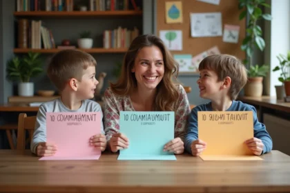 Femme souriante avec enfants tenant cartes commandements