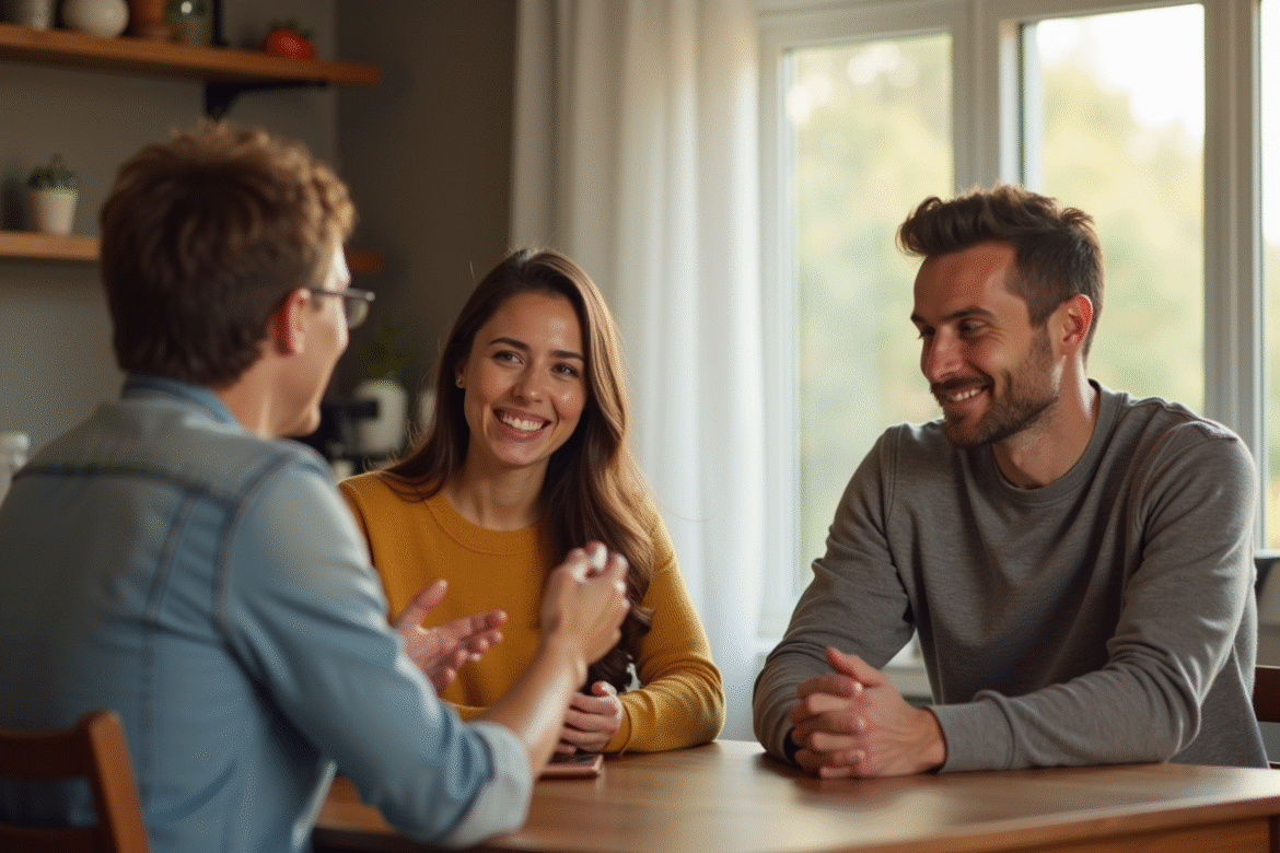 Famille souriante lors d'une séance avec un conseiller familial