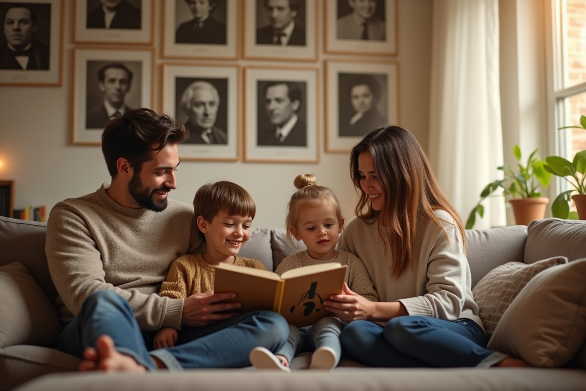 Parents lisant un livre de prénoms avec portraits célèbres commençant par O au mur