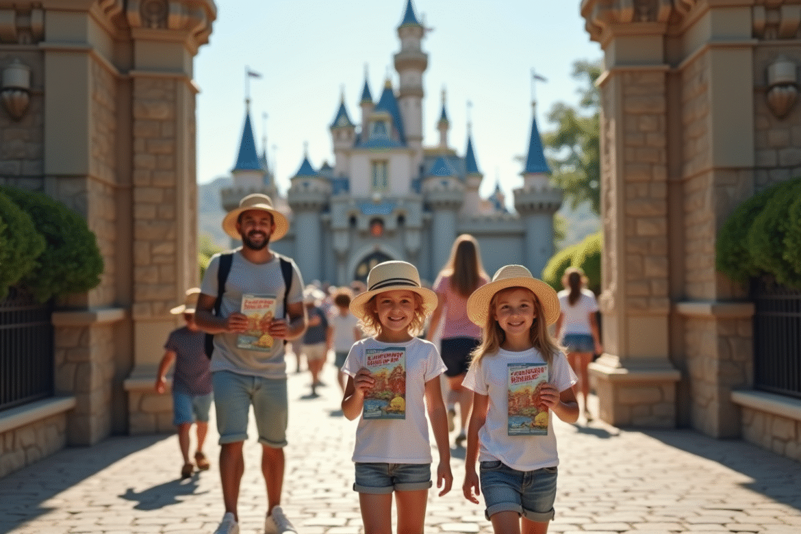 Famille heureuse devant un château dans un parc européen