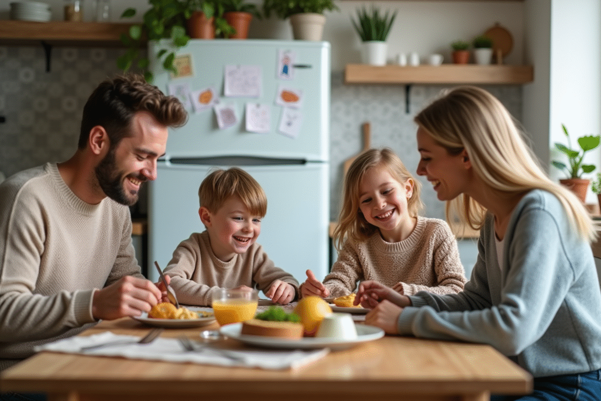 Famille moderne partageant un petit déjeuner convivial