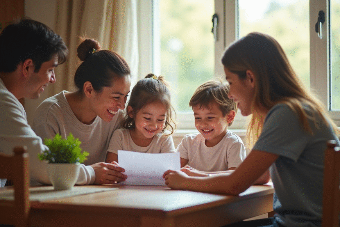 Famille autour d'une table regardant un bulletin scolaire