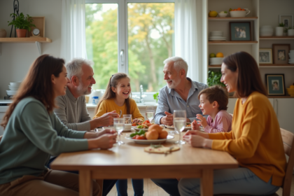 Famille multigenerational partageant un repas convivial à la maison