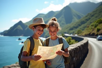 Famille souriante avec carte à la Réunion paysage côtier