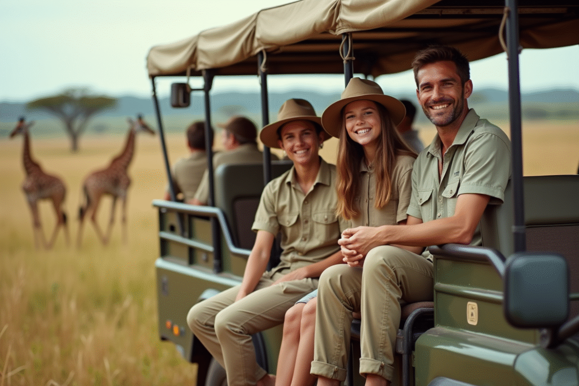 Famille de quatre en safari dans la savane africaine