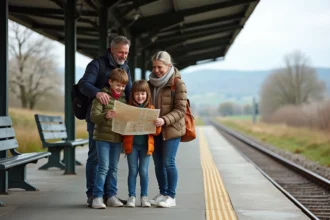Famille de quatre souriante sur quai de train au printemps