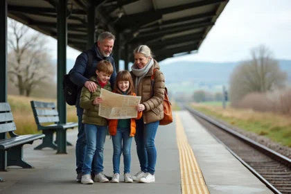 Famille de quatre souriante sur quai de train au printemps