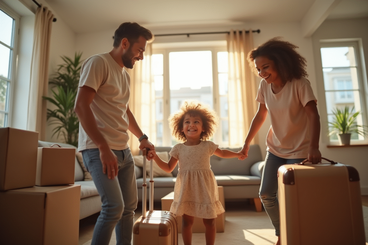 Famille joyeuse préparant ses valises dans le salon lumineux