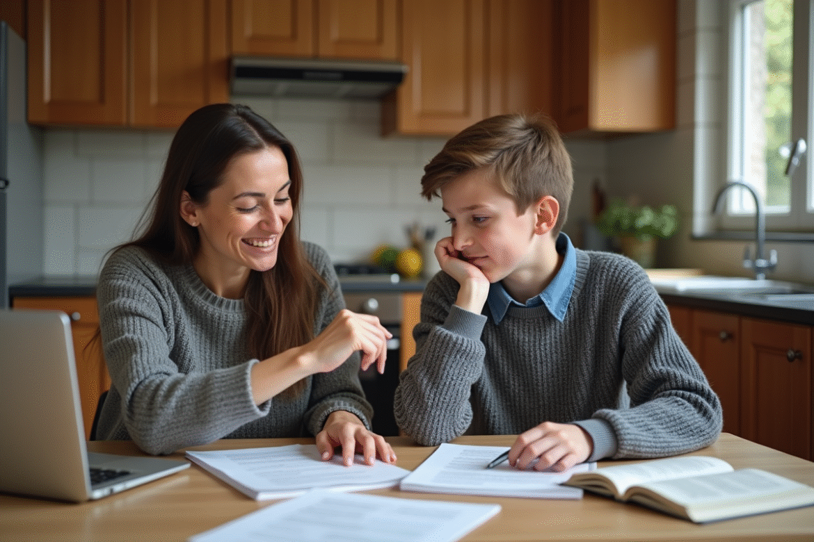 Femme et adolescent discutant autour de papiers à la maison