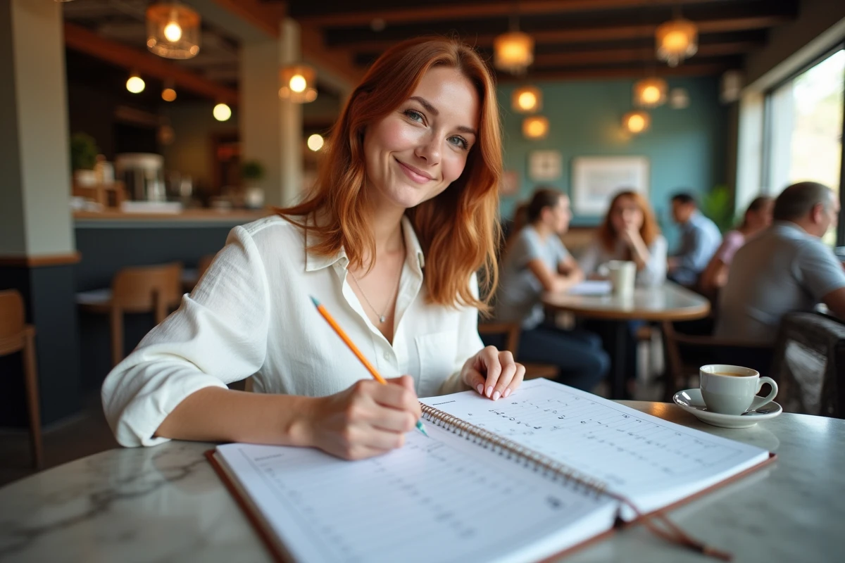 Jeune femme organisant ses semaines paires et impaires dans un agenda hebdomadaire dans un café