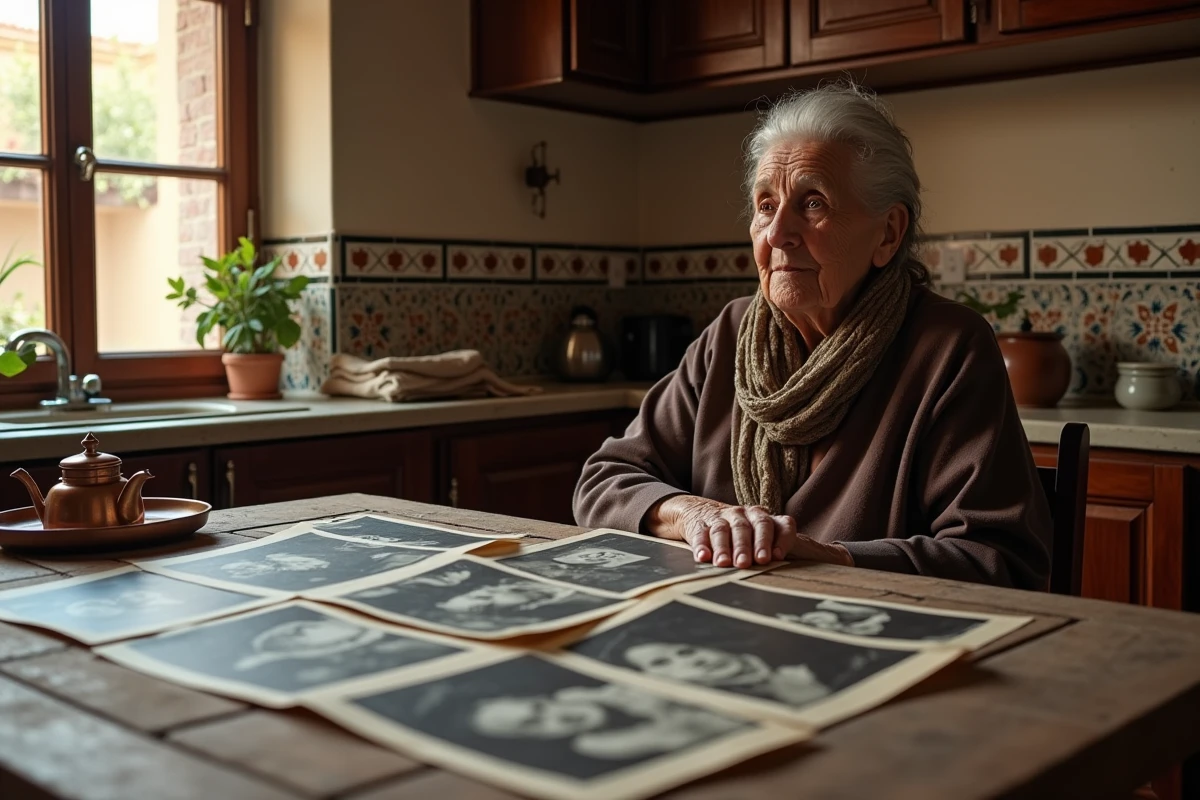 Femme algérienne âgée consultant des photos de famille anciennes, symbolisant la transmission culturelle et les origines familiales