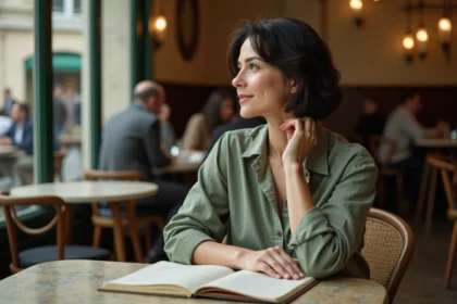 Femme artiste pensive dans un café parisien avec un carnet ouvert, illustrant la vie intérieure et la pudeur créative