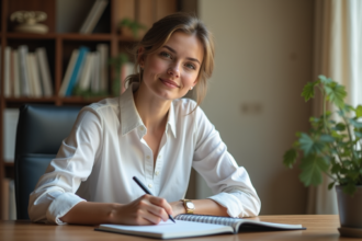 Jeune femme au bureau en train d'écrire dans un planner