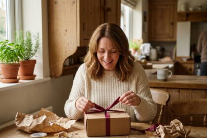 Femme souriante découvrant un cadeau personnalisé emballé avec soin à table en famille