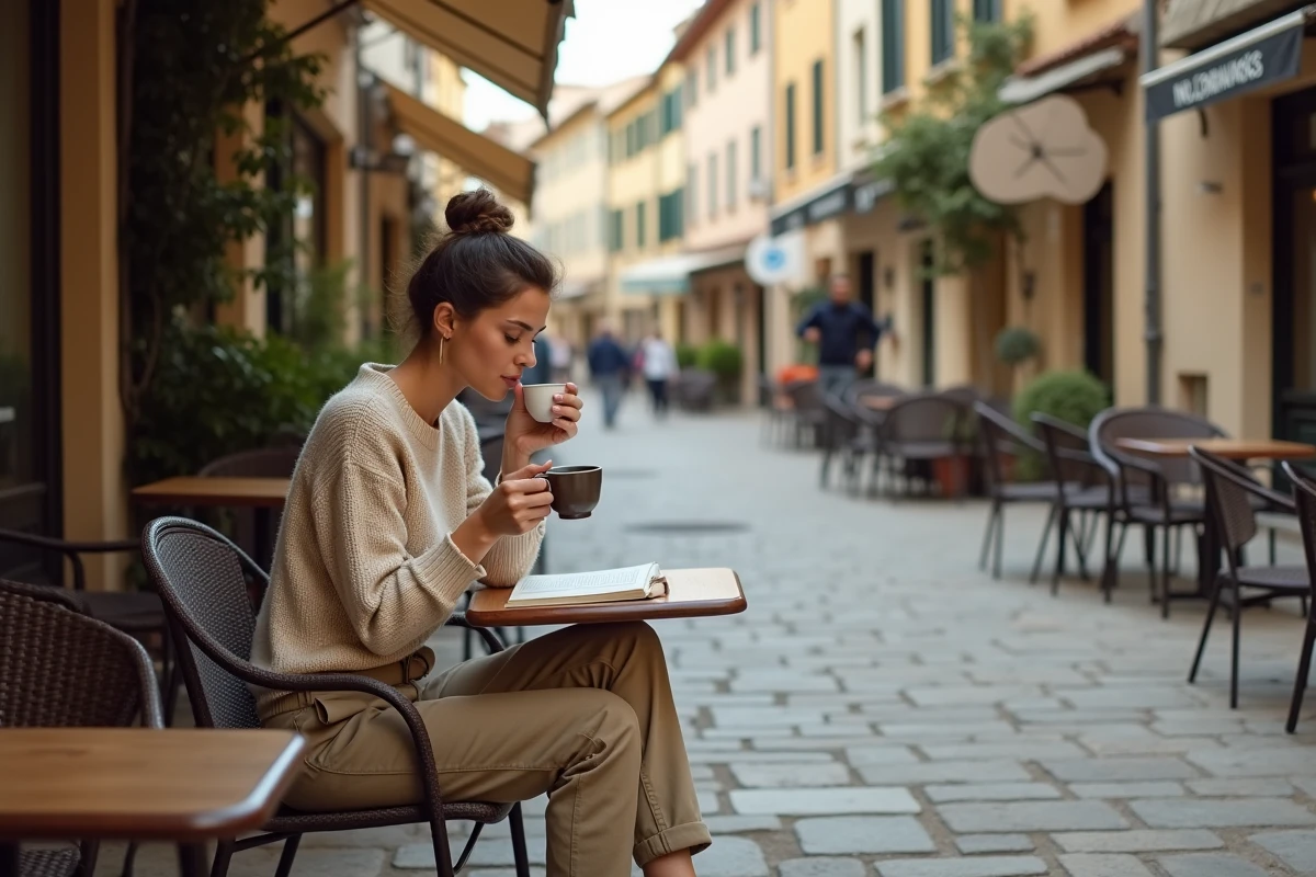 Jeune femme lisant guide dans un café en plein air