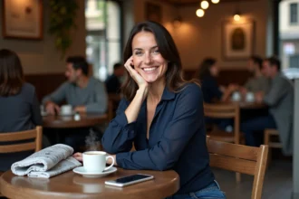 Femme souriante dans un café parisien cosy