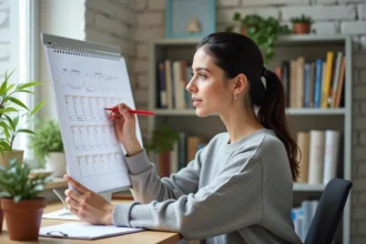 Femme marquant les semaines paires et impaires sur un calendrier mural en papier dans un bureau à domicile