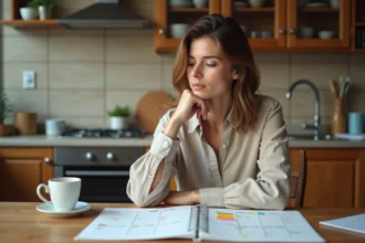 Femme consultant un calendrier scolaire avec les zones A, B et C pour planifier ses congés