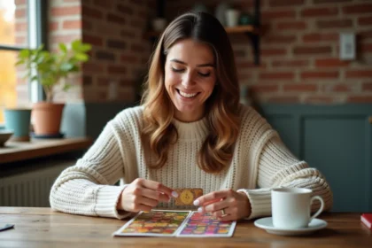 Femme tenant une carte à gratter personnalisée colorée à table, expression de surprise joyeuse, ambiance chaleureuse intérieure