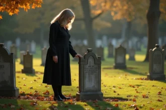 Femme en noir dans un cimetière paisible