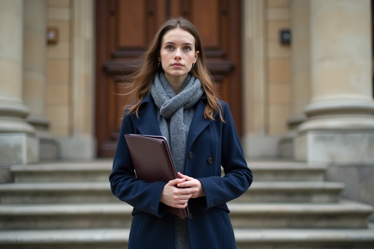 Jeune femme confiante devant un tribunal en tenue élégante