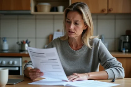 Femme consultant des documents administratifs liés au RSA et aux aides sociales à la maison