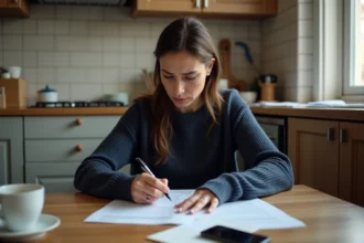 Femme consultant des documents administratifs sur le RSA majoré à son domicile