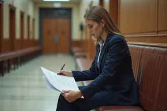 Femme anxieuse en costume dans un hall de tribunal