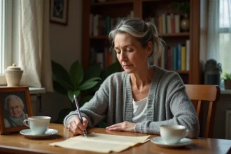 Femme écrivant un poème émouvant à la mémoire de sa mère décédée, assise à une table en bois avec une lettre manuscrite et une photo encadrée
