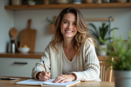 Femme souriante écrivant dans un journal à la maison