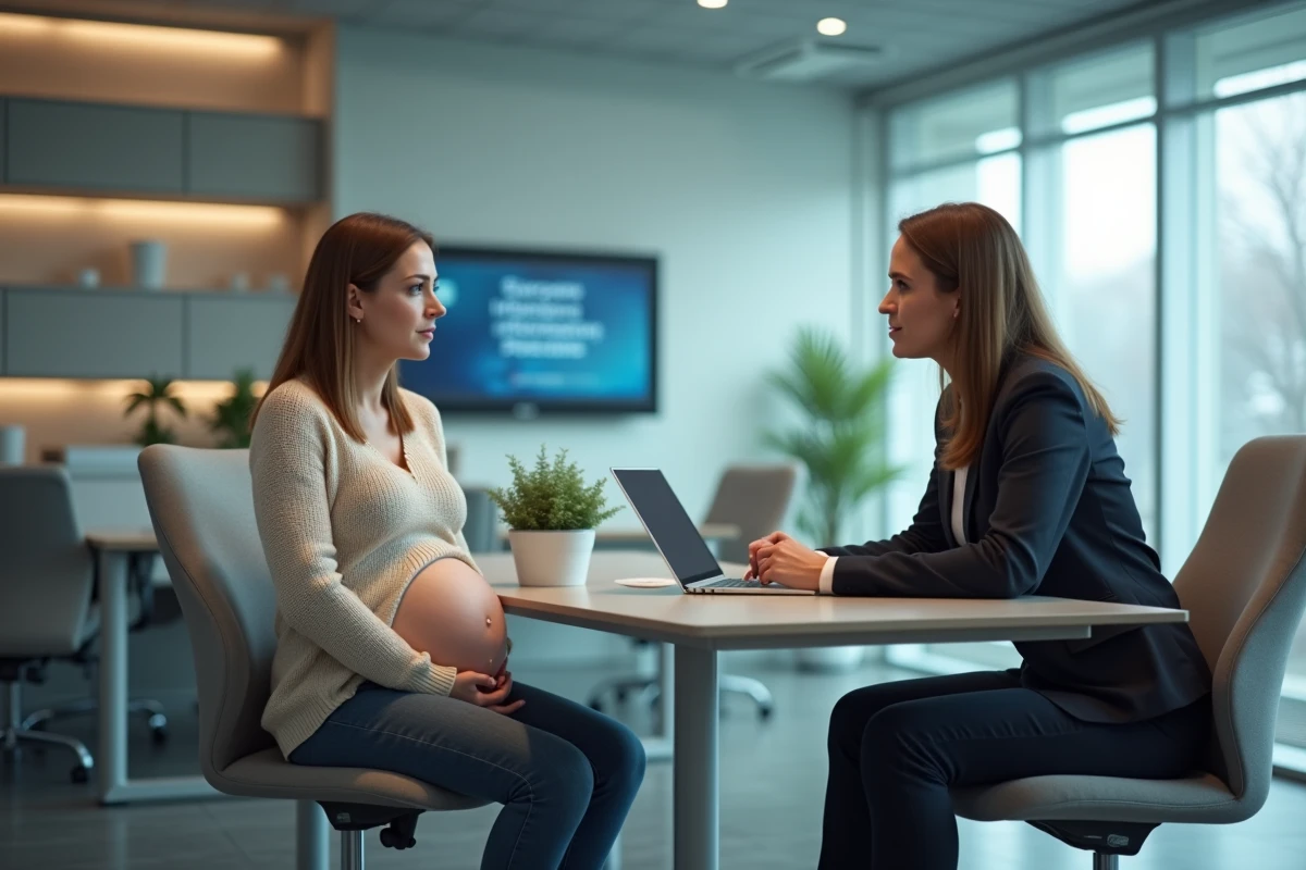 Femme enceinte discutant avec un conseiller dans un bureau moderne