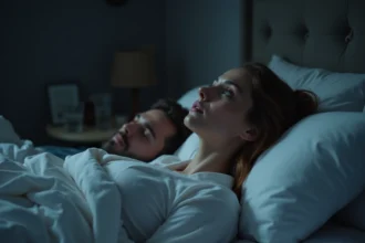 Femme allongée éveillée la nuit dans son lit, troublée par un rêve d'infidélité de son mari
