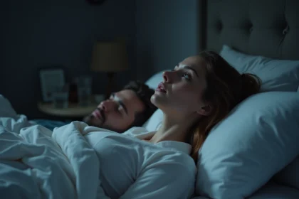 Femme allongée éveillée la nuit dans son lit, troublée par un rêve d'infidélité de son mari