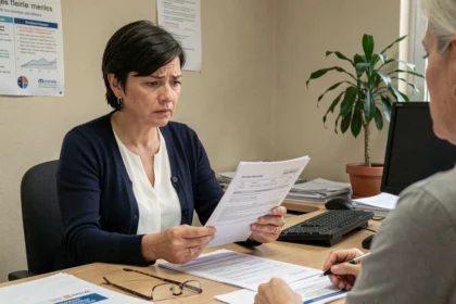 Femme en situation de handicap discutant de ses droits AAH et chômage avec un conseiller Pôle emploi dans un bureau administratif
