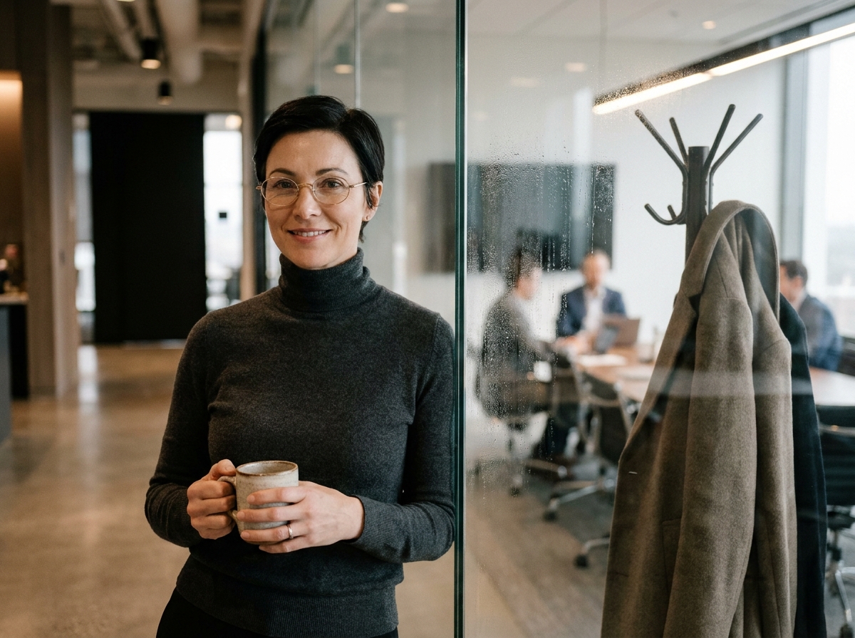 Femme cadre avec lunettes dorées minimalistes dans un bureau moderne en hiver