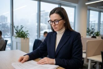 Femme professionnelle en lunettes écaille portant un blazer marine au bureau en hiver