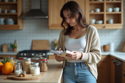 Femme organisée triant des conserves dans la cuisine