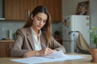 Femme d'une trentaine assise à la cuisine en train de remplir des papiers