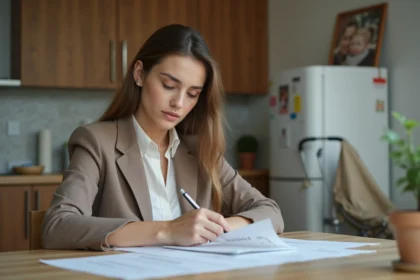 Femme d'une trentaine assise à la cuisine en train de remplir des papiers